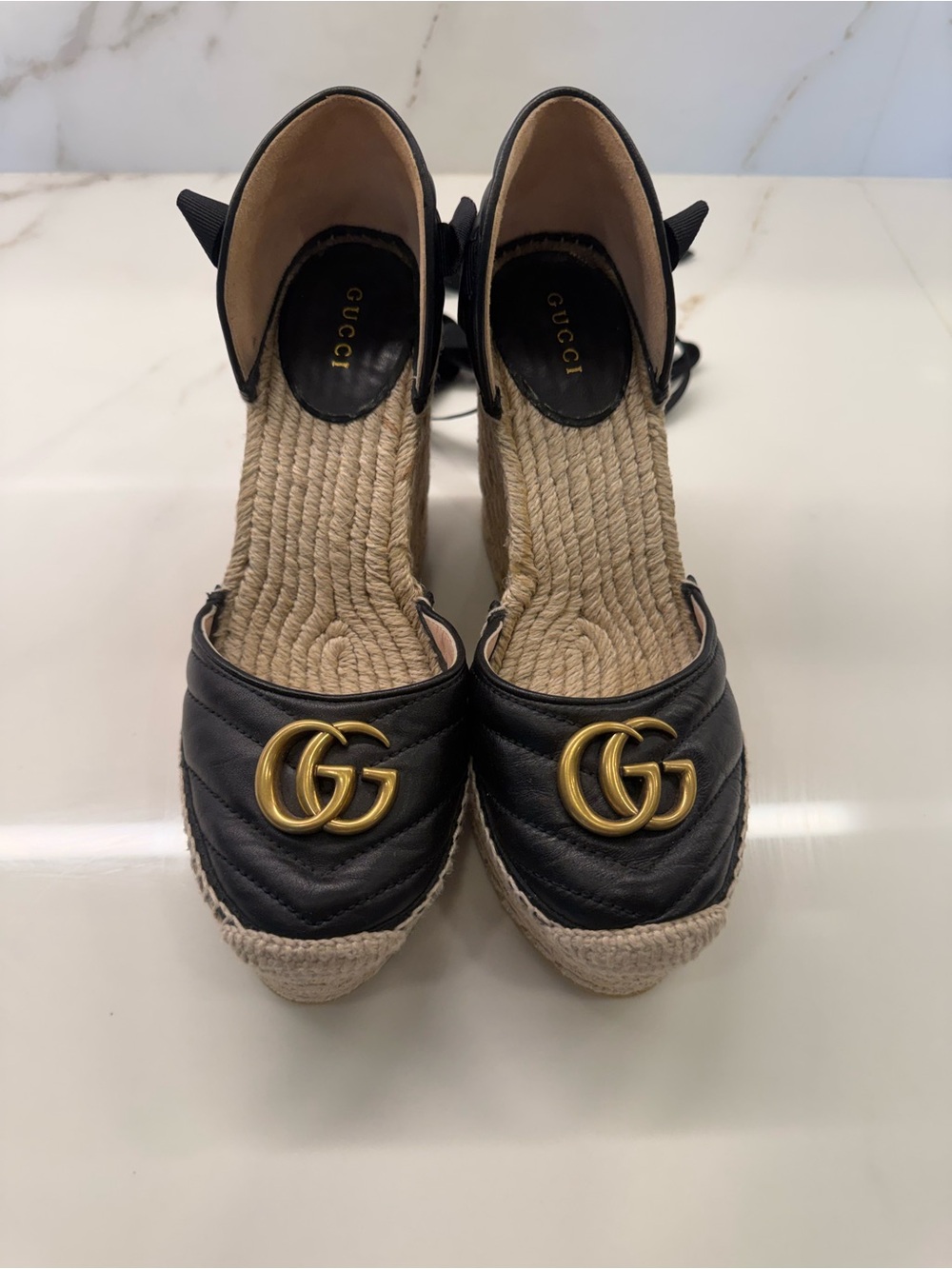 Gucci Black Leather Espadrille Wedges with Gold Double G